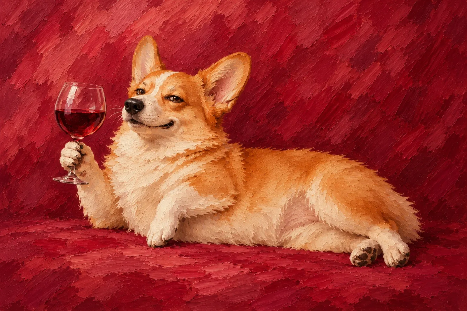 Лежащий Корги с бакалом красного вина